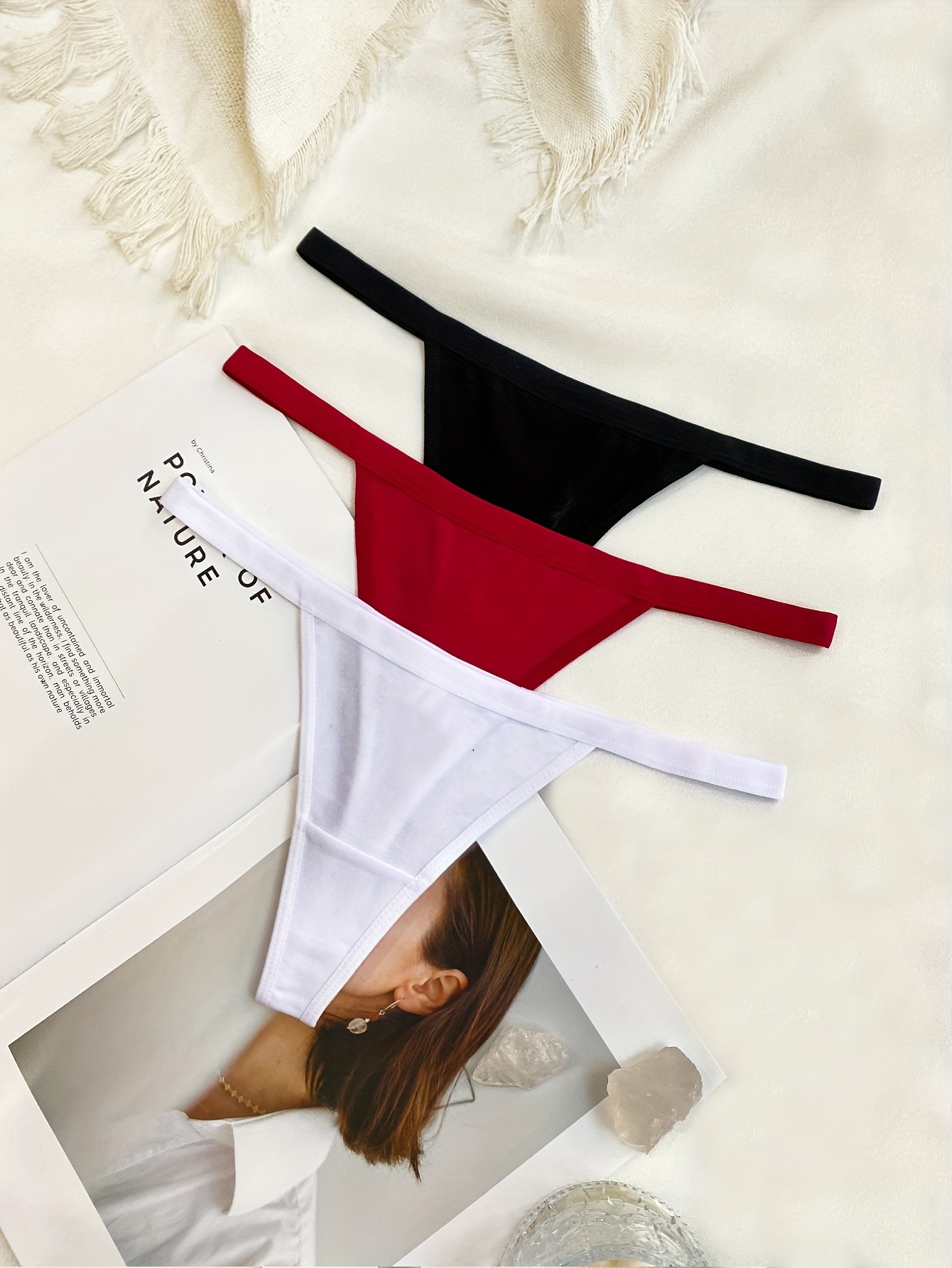 3pcs Simple Ribbed Thongs, Soft & Comfy Intimates Panties, Women's Lingerie  & Underwear