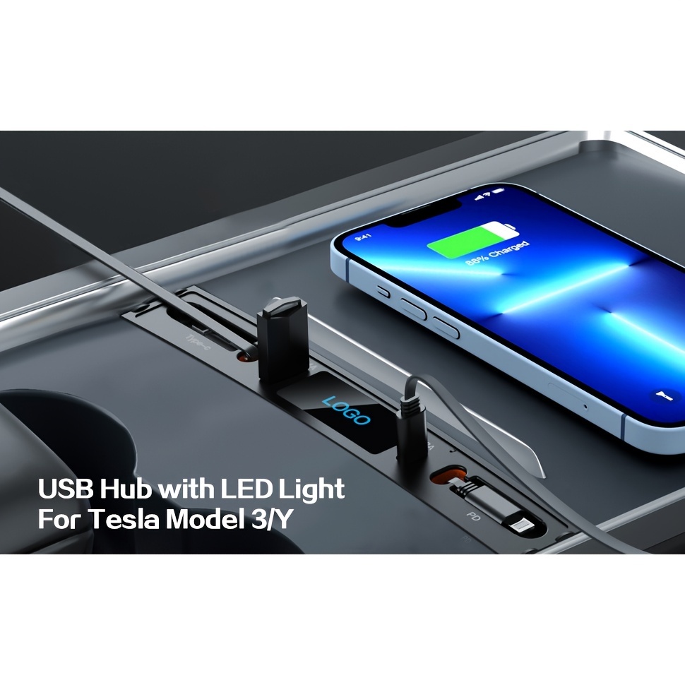 Car USB Charger Multi Port for 2021 2022 2023 Model 3/Y,Multifunctional  Accessories with Logo and Retractable Cable, USB hub 100% Fit