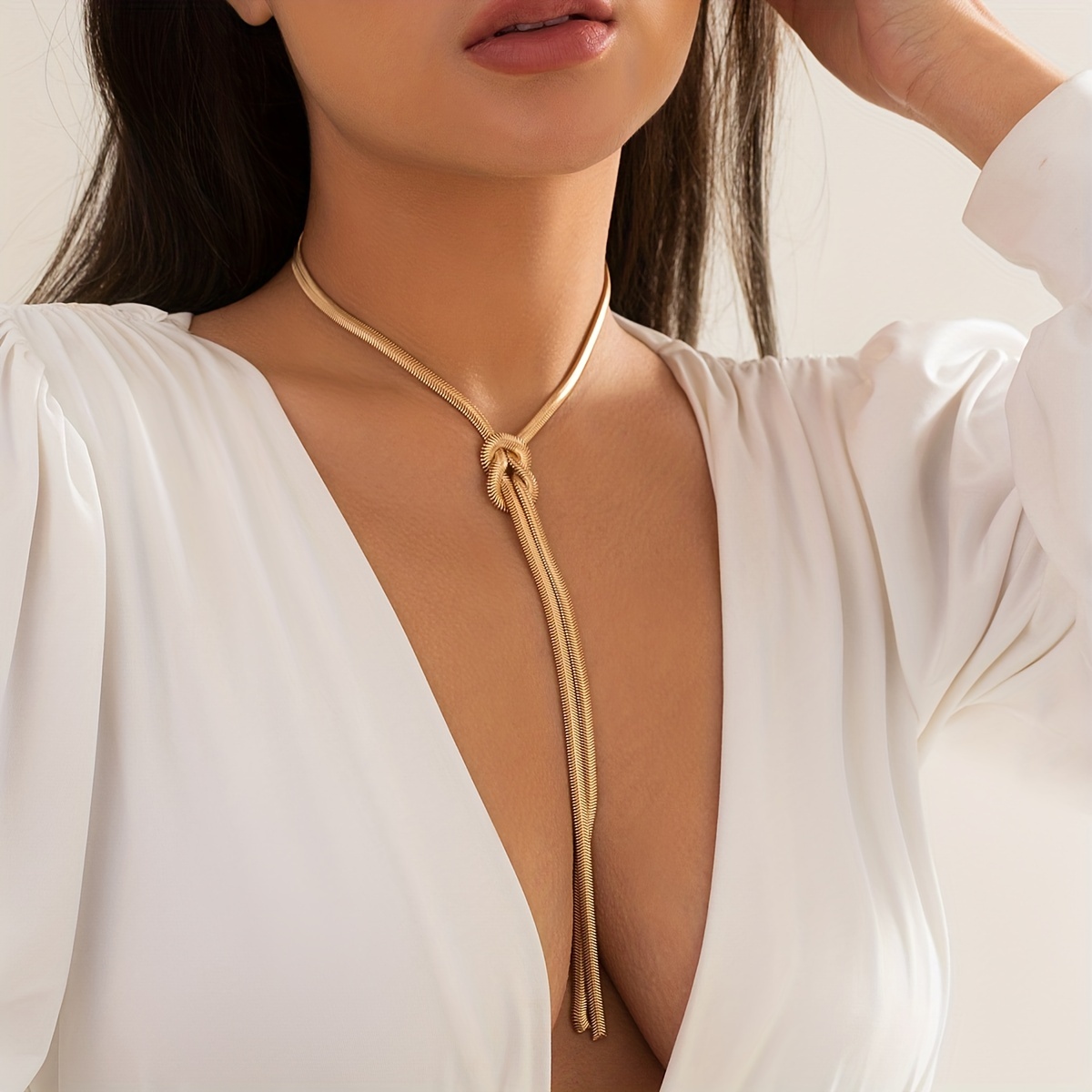 Y Shaped Long Tassel Snake Bone Necklace, Statement Pendant Jewelry