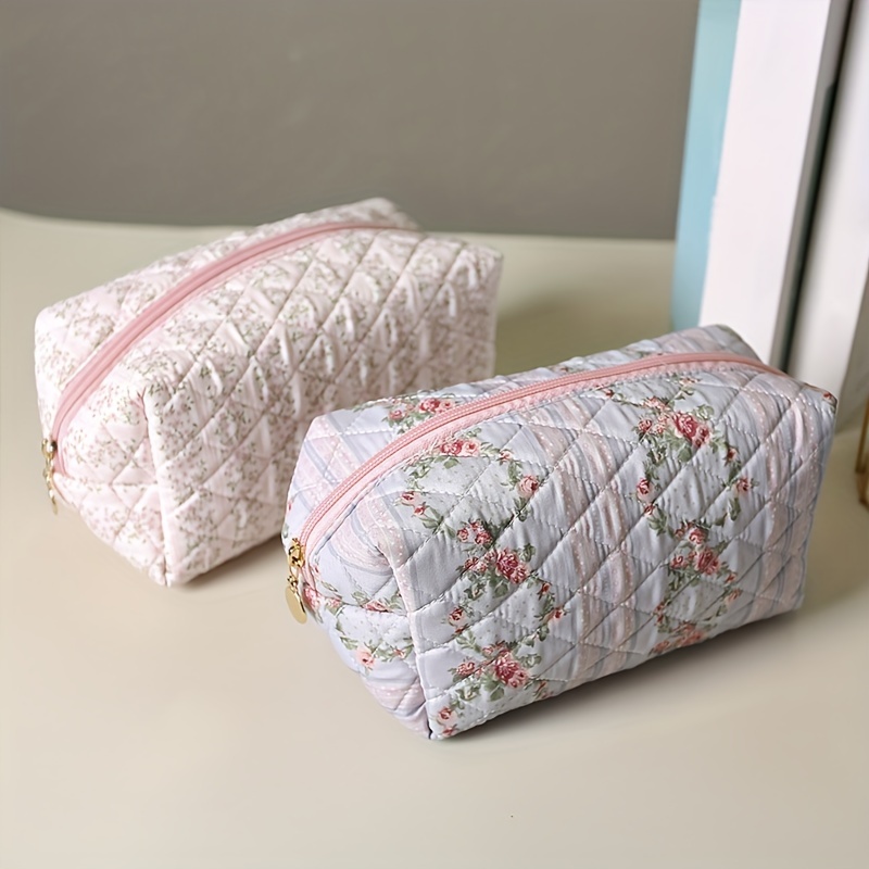 Floral Quilted Makeup Bag Cute Style Travel Zipper Cosmetic - Temu
