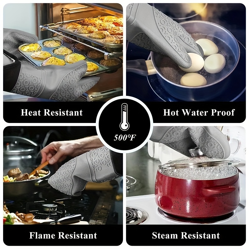 COOK WITH COLOR Silicone Oven Mitts- Heat Resistant Gloves with Soft  Quilted Lining Set of 2 Oven Mitt Pot Holders for Cooking and BBQ (Grey)
