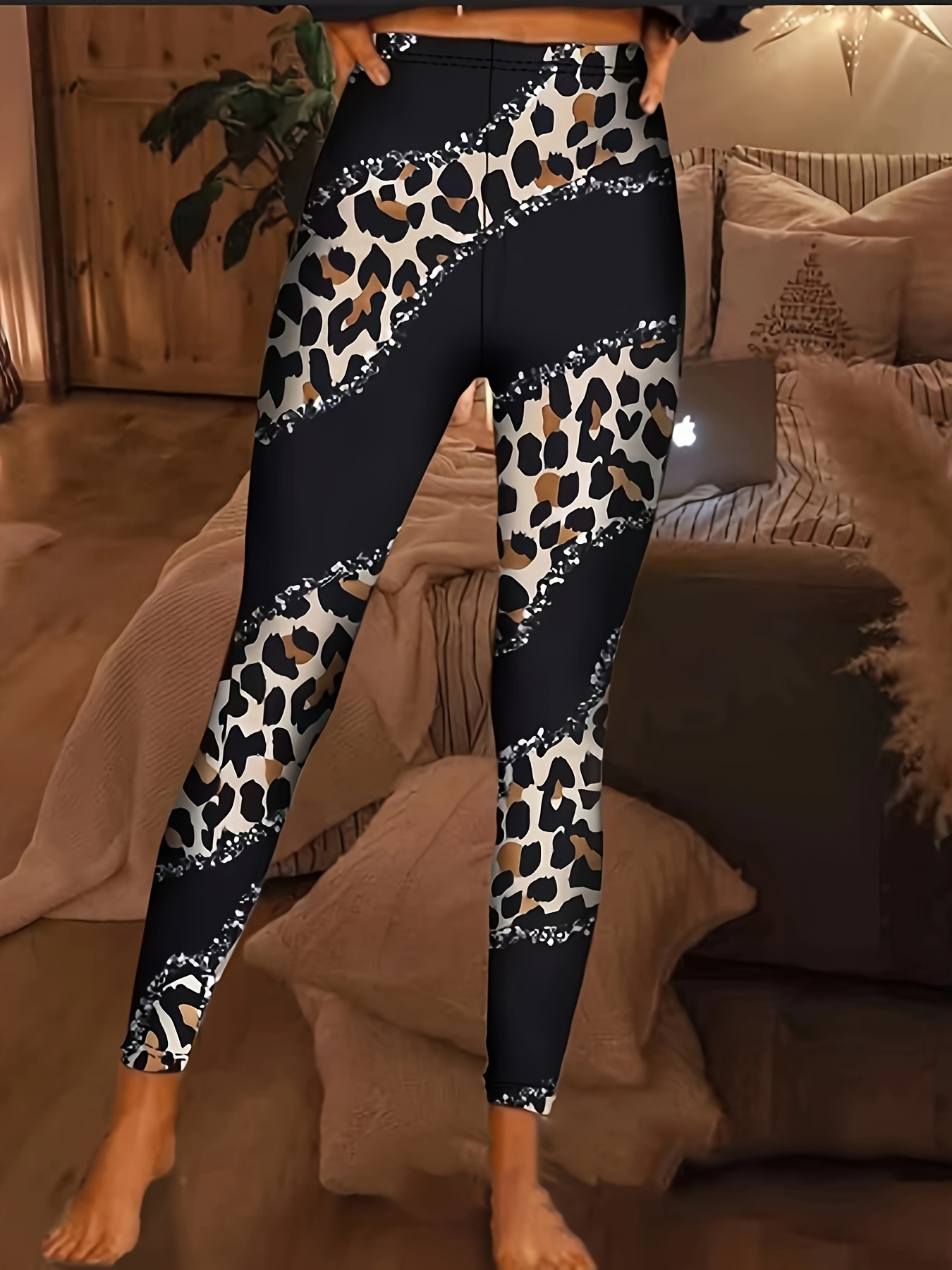 Leopard Print Skinny Leggings, Casual Elastic Waist Stretchy Leggings,  Women's Clothing