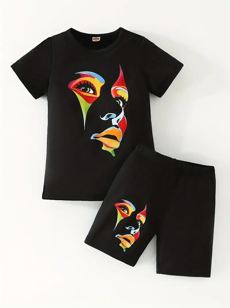 Colorful Portrait Print T shirt And Leggings Set For Girls - Temu Portugal
