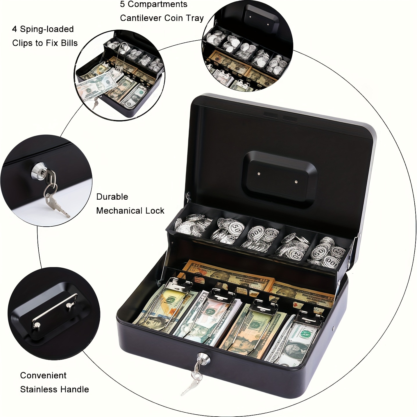 Flexzion Caja de dinero con bandeja de dinero y cerradura, caja de metal  para pequeñas empresas, caja de dinero negra de 9 compartimentos con