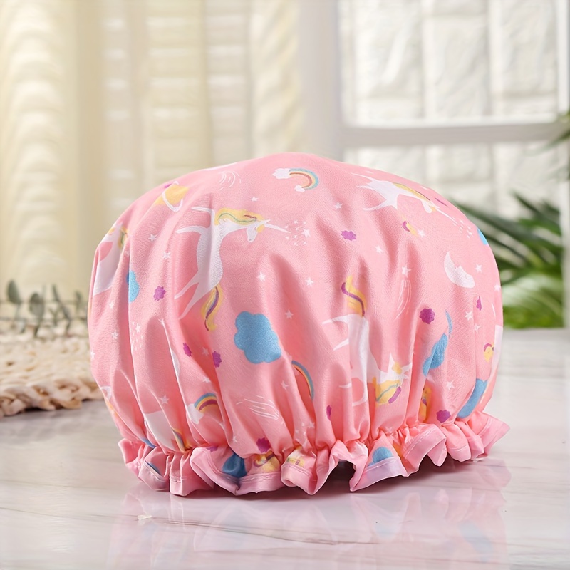 TEMU 1pc, Double-layer High Quality Printed Shower Cap, Featuring A Dual-layer Design With An Outer Layer Of Exquisite Printed Fabric And An Inner