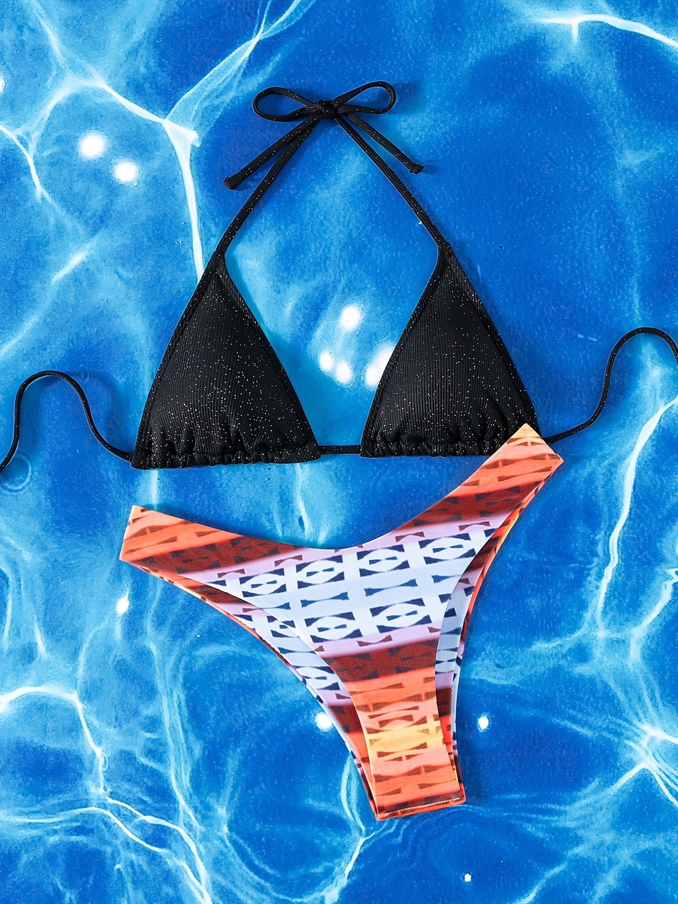 Colorful Geometric Print Bikini Sets Triangle Halter Neck - Temu