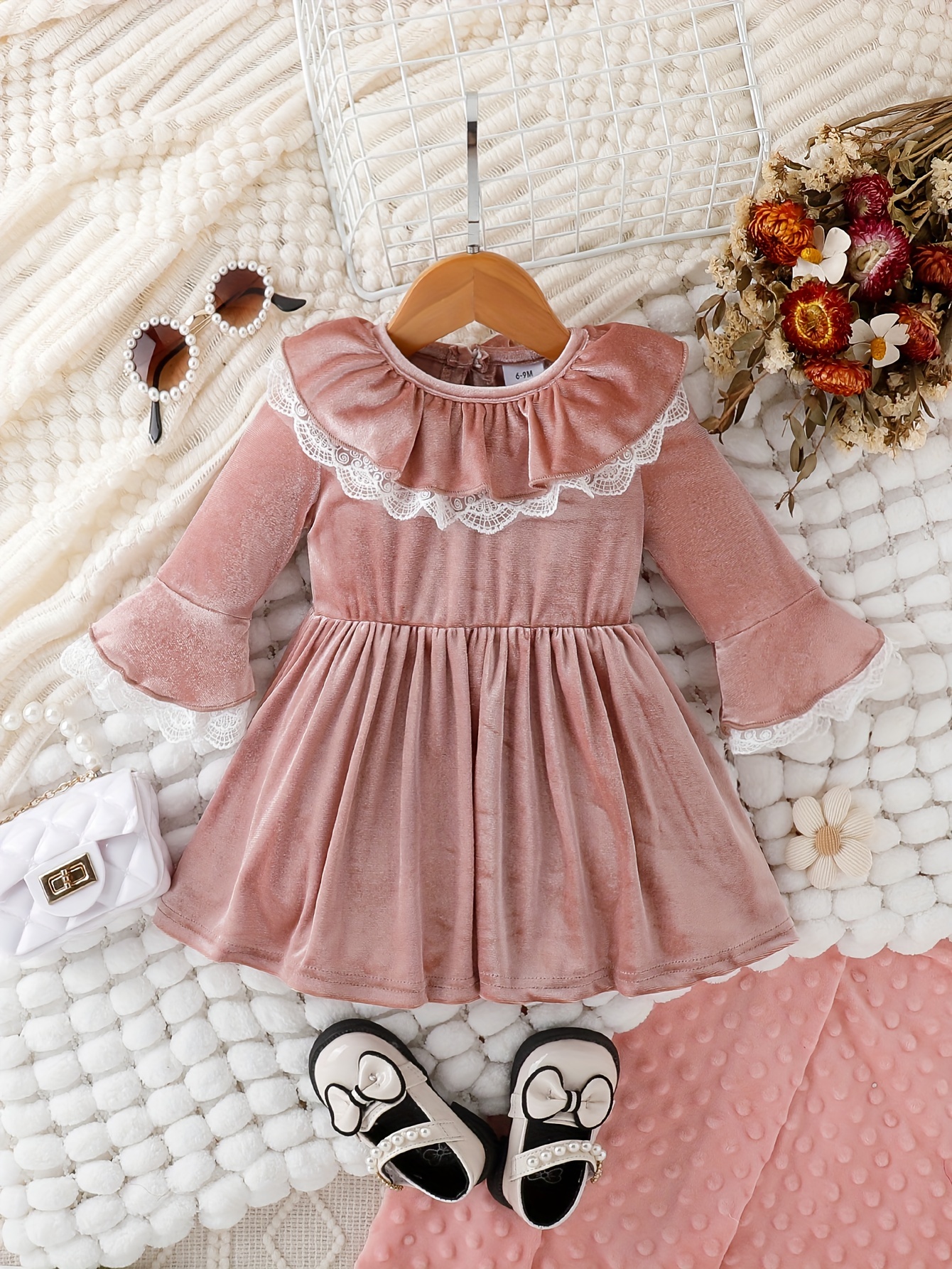Baby Girl 95% Cotton Long-sleeve Elephant Print Ruffle Trim Spliced Glitter Polka Dots Mesh Dress