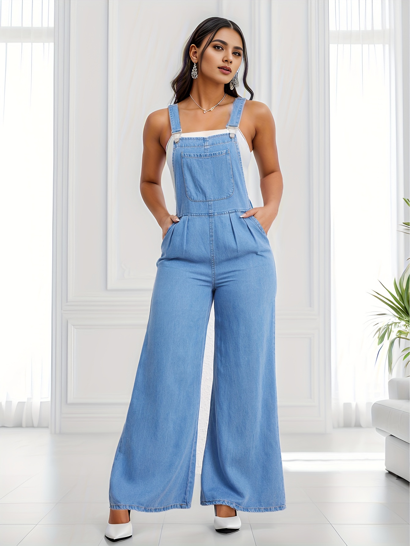 Plain Loose Fit Denim Jumpsuit Slash Pockets Stretch - Temu