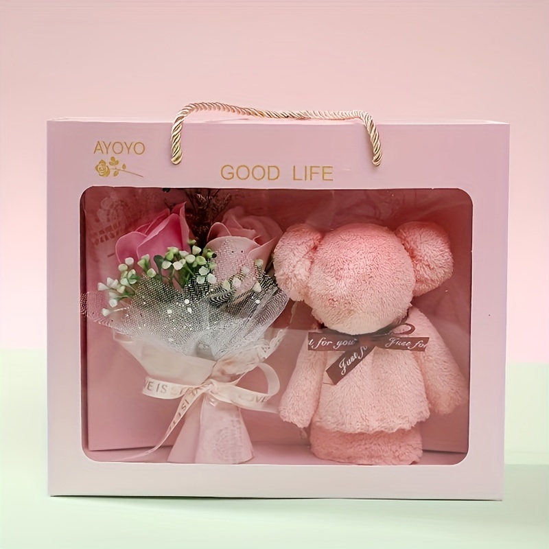 Soap Flower Towel Bear Gift Box, Including Scented Soap Roses And