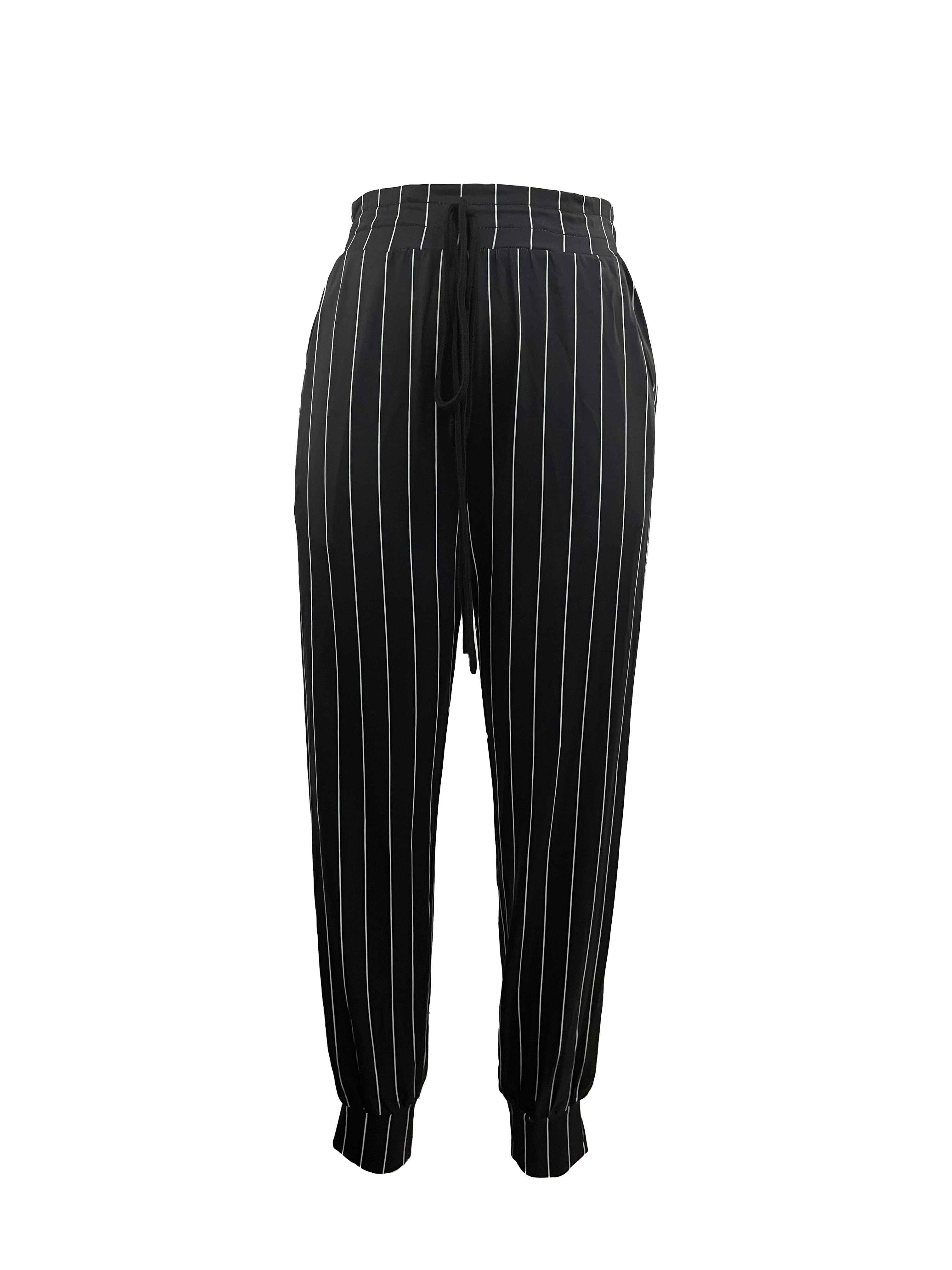 Women's Striped Drawstring Waist Tapered Pants With Folded Hem