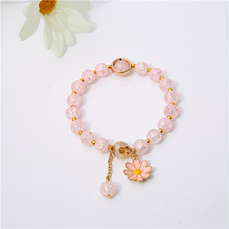 Flower Charm Pink Beaded Bracelet