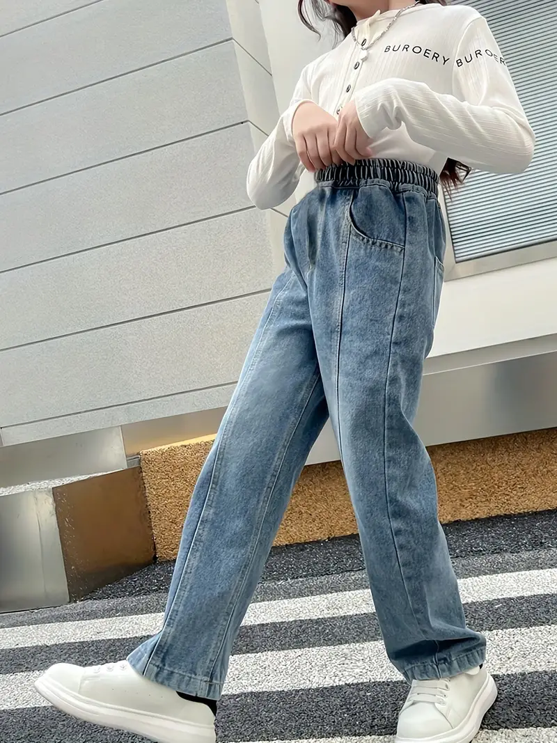 Teen Girls Elastic High Waist Jeans Casual Wide Leg Denim - Temu