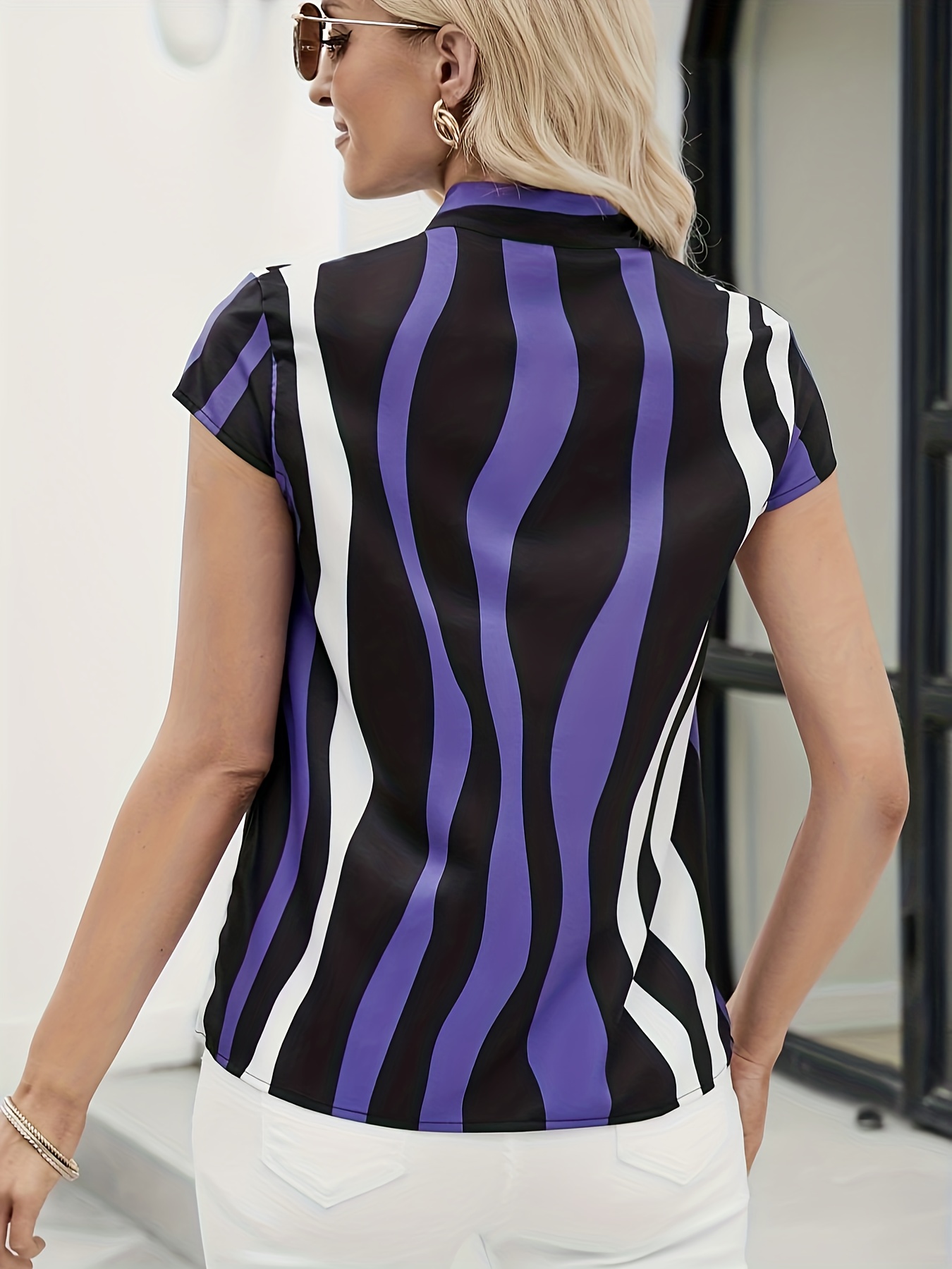 Striped Print Asymmetrical Neck Blouse Elegant Short Sleeve - Temu Belgium