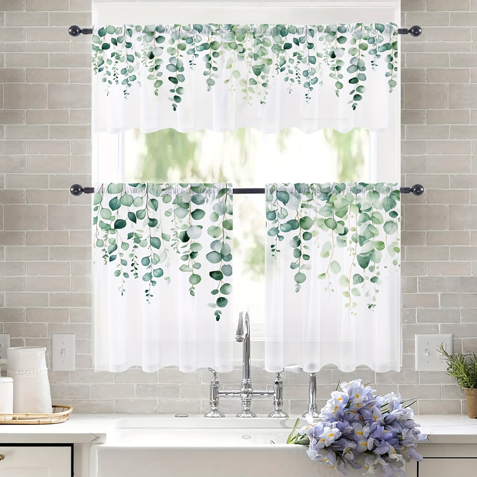 

1pc Curtain Head/2pcs Gauze Curtain Greenery Hanging Watercolor Gauze Curtain, Pole Pocket Gauze Curtain Window Decoration Bedroom Office Room Study Room Home Decoration