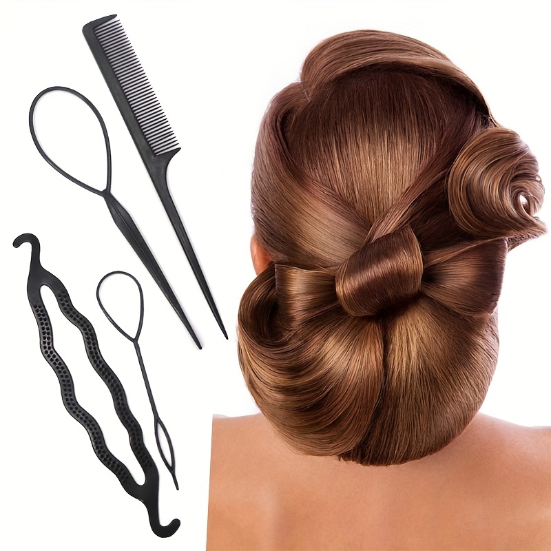 4pc set plastic hair styling design tools hair loop braid kits accessories ponytail maker hair ties clip hairpin diy hair styling for women girls details 0