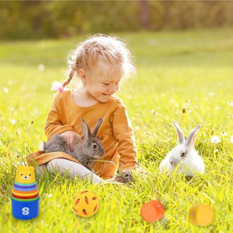 [8 unidades] Tazas apilables para conejos, juguetes de conejo de paja de  trigo con bonitos diseños de animales, tazas apilables de conejito para  jugar