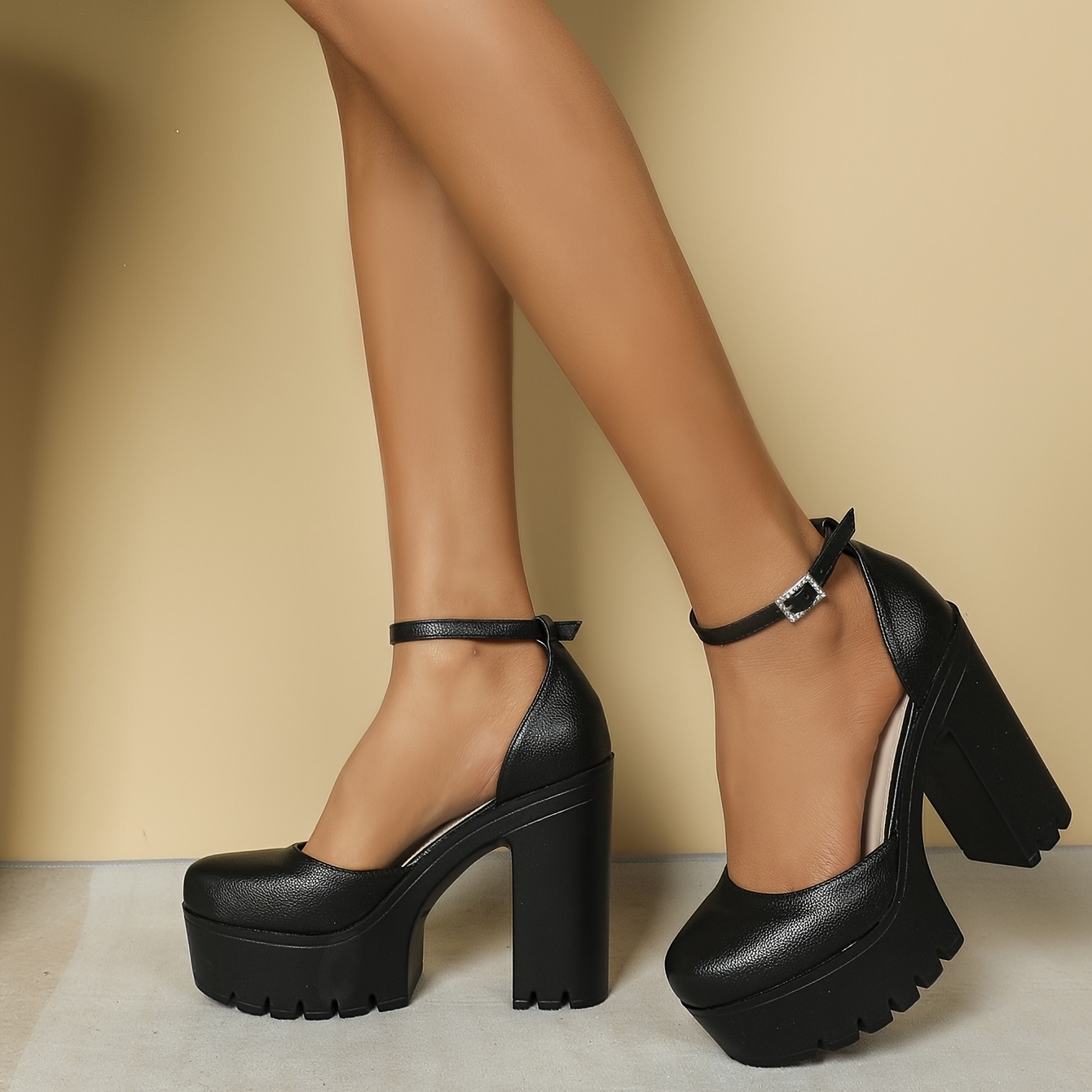 women s block heeled platform ankle strap shoes black