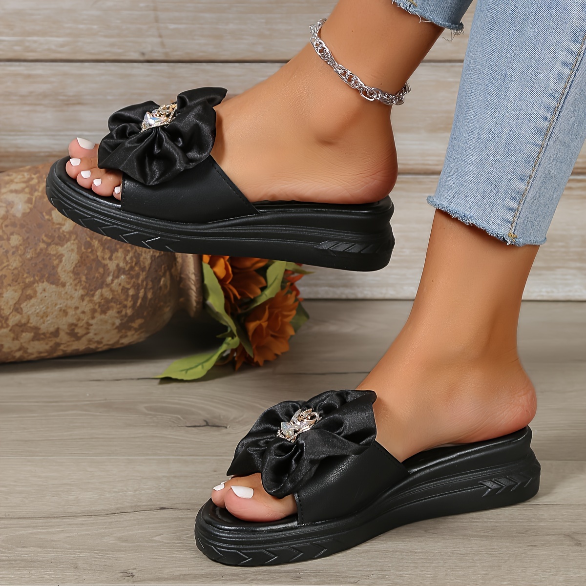 womens rhinestone bow decor slides open toe slip on slide sandals fashion summer outdoor slide shoes details 2