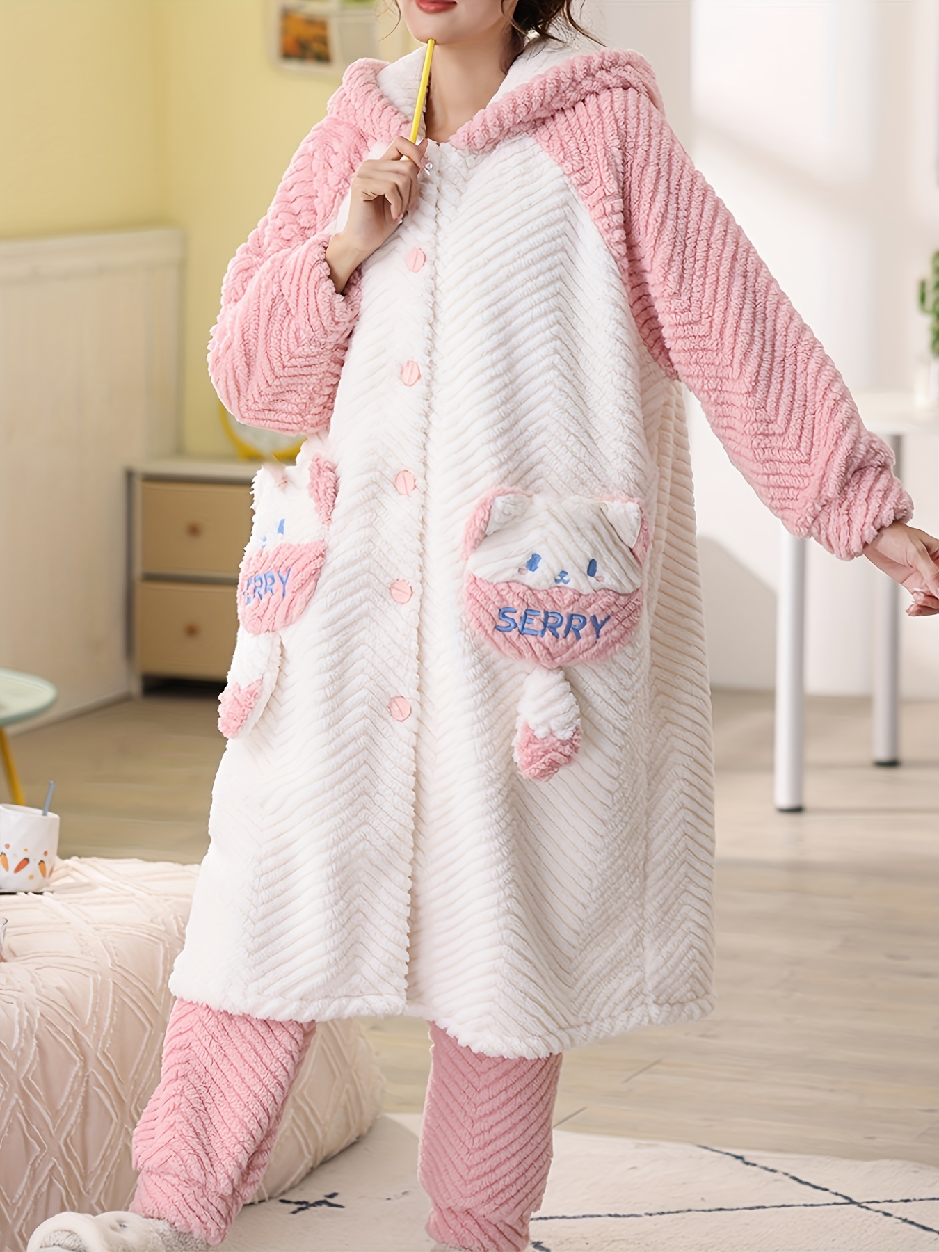 Cartoon Fox Fuzzy Pajama Set, Long Sleeve Buttons Hooded Robe & Elastic  Waistband Pants, Women's Sleepwear & Loungewear