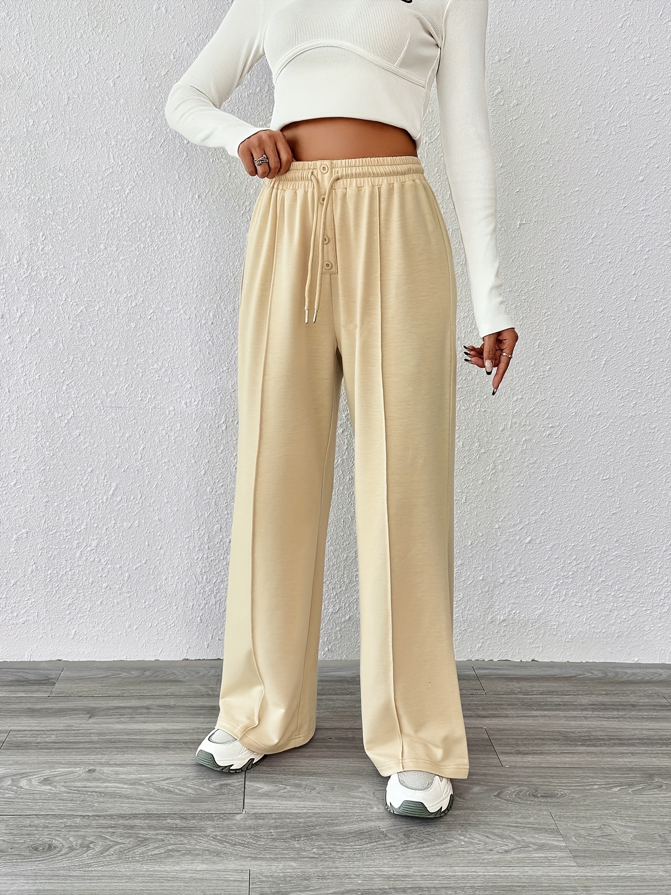  Wide Leg Sweatpants for Women Boho Elastic Ruffle Pants  Drawstring Large Plus Size Straight Leg Trousers with Pockets (Beige,  Small) : Clothing, Shoes & Jewelry