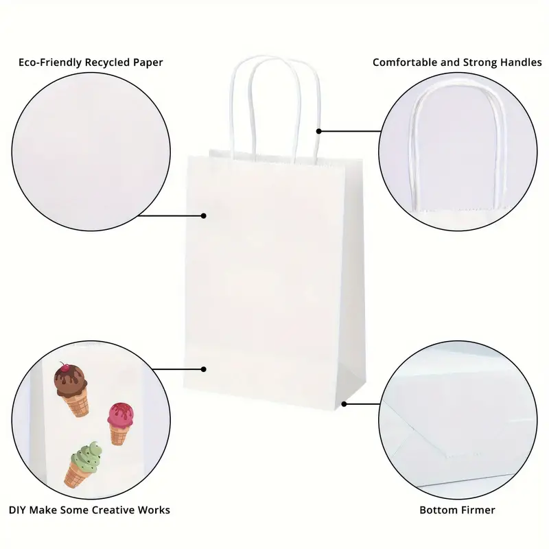 White Paper Gift Bags Bulk Kraft Pouches With Handles Craft - Temu