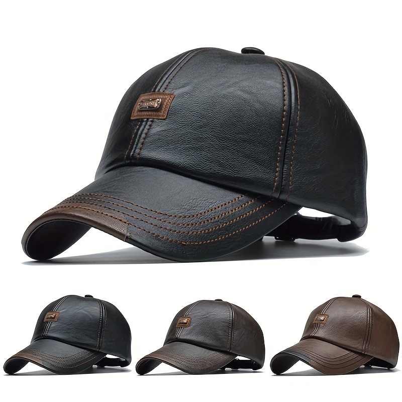 1pc mens outdoor pu leather baseball cap casual sun hat details 1
