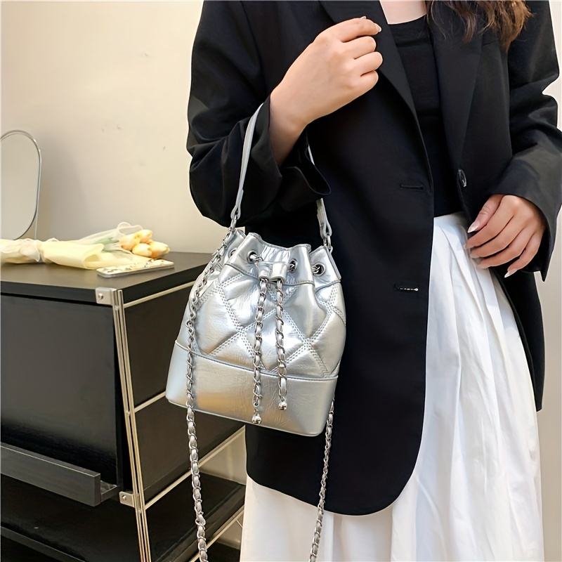 Minimalist Argyle Pattern Bucket Bag, Solid Color Satchel Bag, Drawstring  Design Bag For Work - Temu