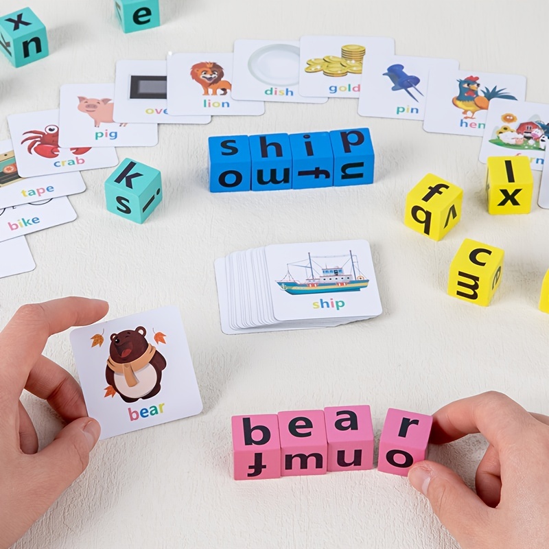 Word Spelling  Game、40枚のカード付きの木製の読み取りビルディングブロック、子供向けの文字パズル、サイトワードモンテッソーリスピニングアルファベット学習おもちゃ、幼稚園児の男の子と女の子のためのクリスマスプレゼント