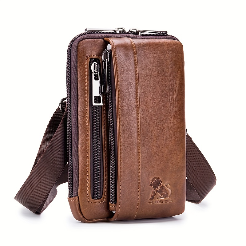 Image of Men's Multi-functional Large-capacity 1 Shoulder, Messenger Bag Retro Casual Mobile Phone Bag Multi-functional Wear Belt Mobile Phone Waist Bag Top Layer Leather Bag