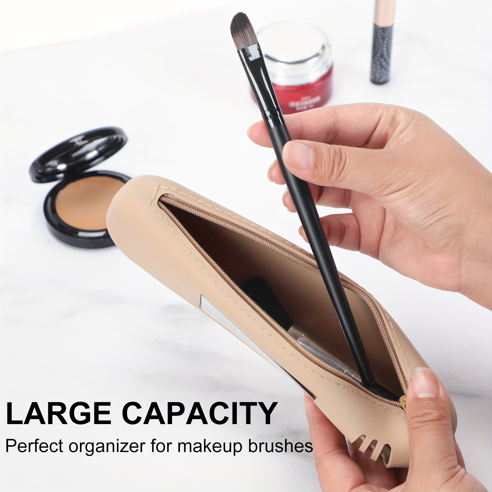 Travel Makeup Brush Holder silicone makeup brush holder for Travel Small  Makeup Brush Holder Travel Waterproof Make Up Brush Holder Organizer Khaki