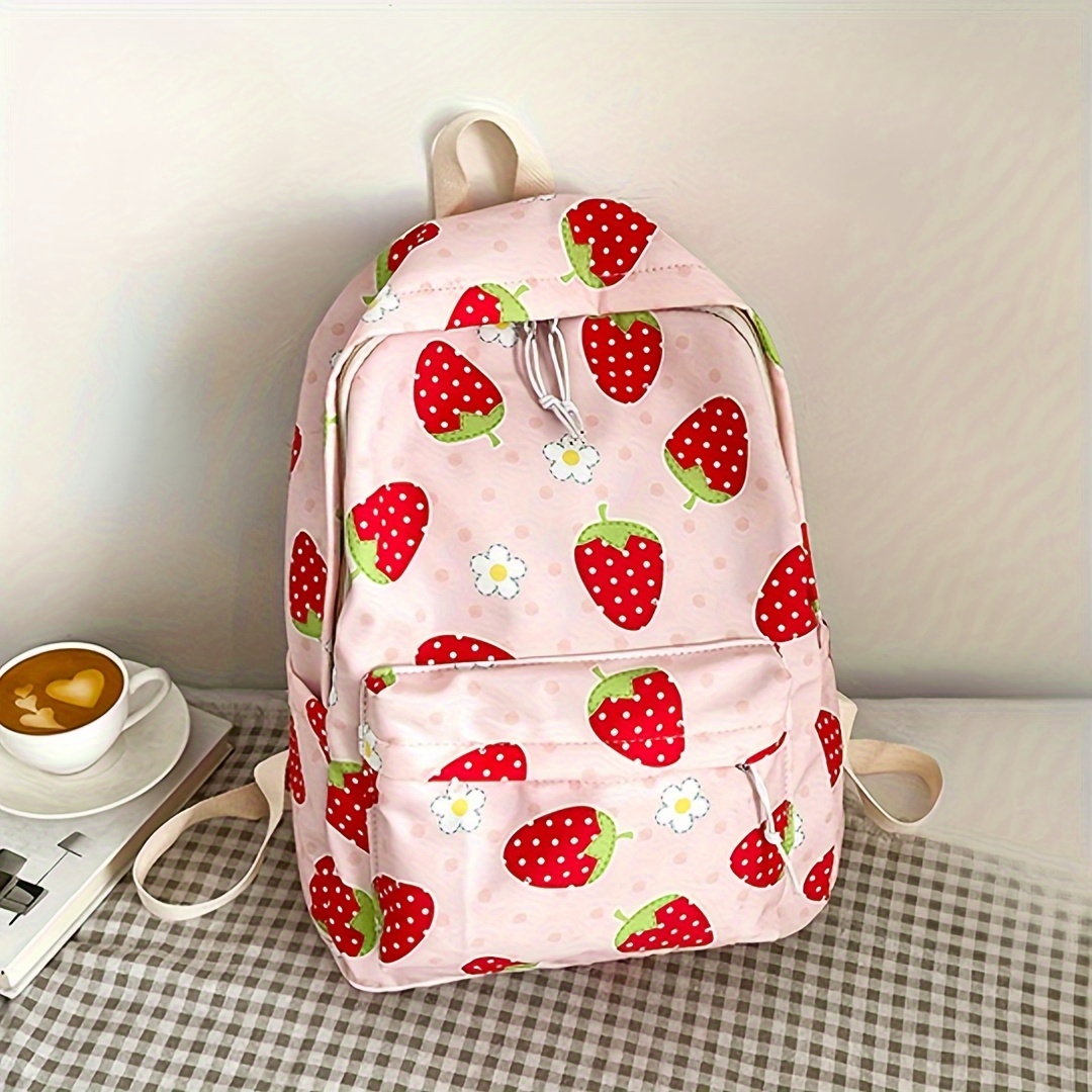 

Fashionable Cute Strawberry Pattern Backpack, Stylish Zipper Rucksack, Preppy School Bag