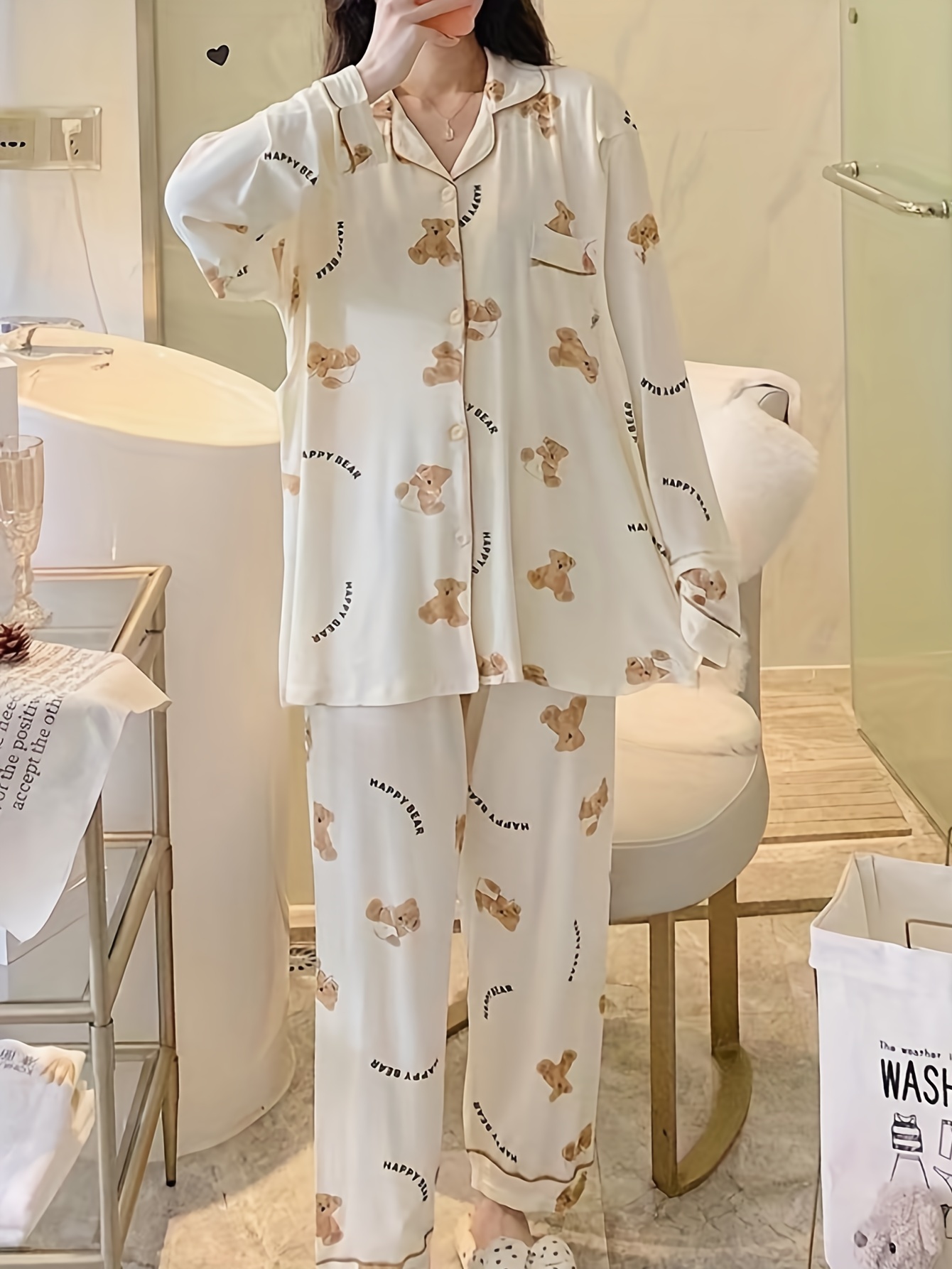 Cartoon Bear Print Pajama Set Cute Lapel Long Sleeve Blouse - Temu Canada