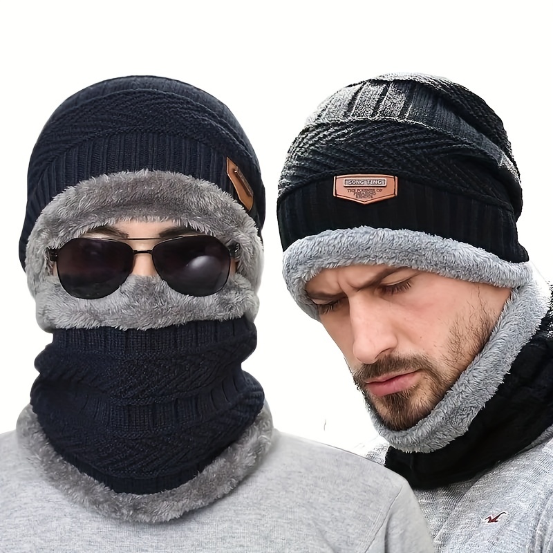 1set Mens Winter Beanie Hats Scarf Set Warm Knit Hats Skull Neck Warmer  With Thick Fleece Lined Winter Hat Scarf, Check Out Today's Deals Now
