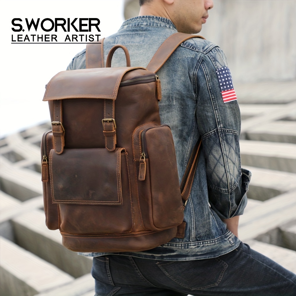 Men's leather backpack for men mochila hombre High Capacity Waxed Canvas  Vintage Backpack for School Hiking Travel Rucksack