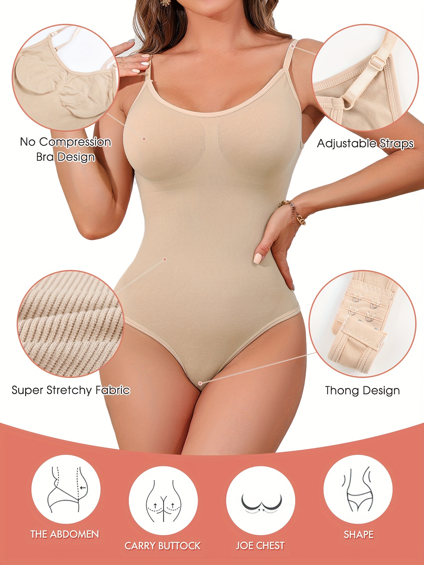 Tummy Control Shapewear Compression Bodysuit - Adjustable Straps