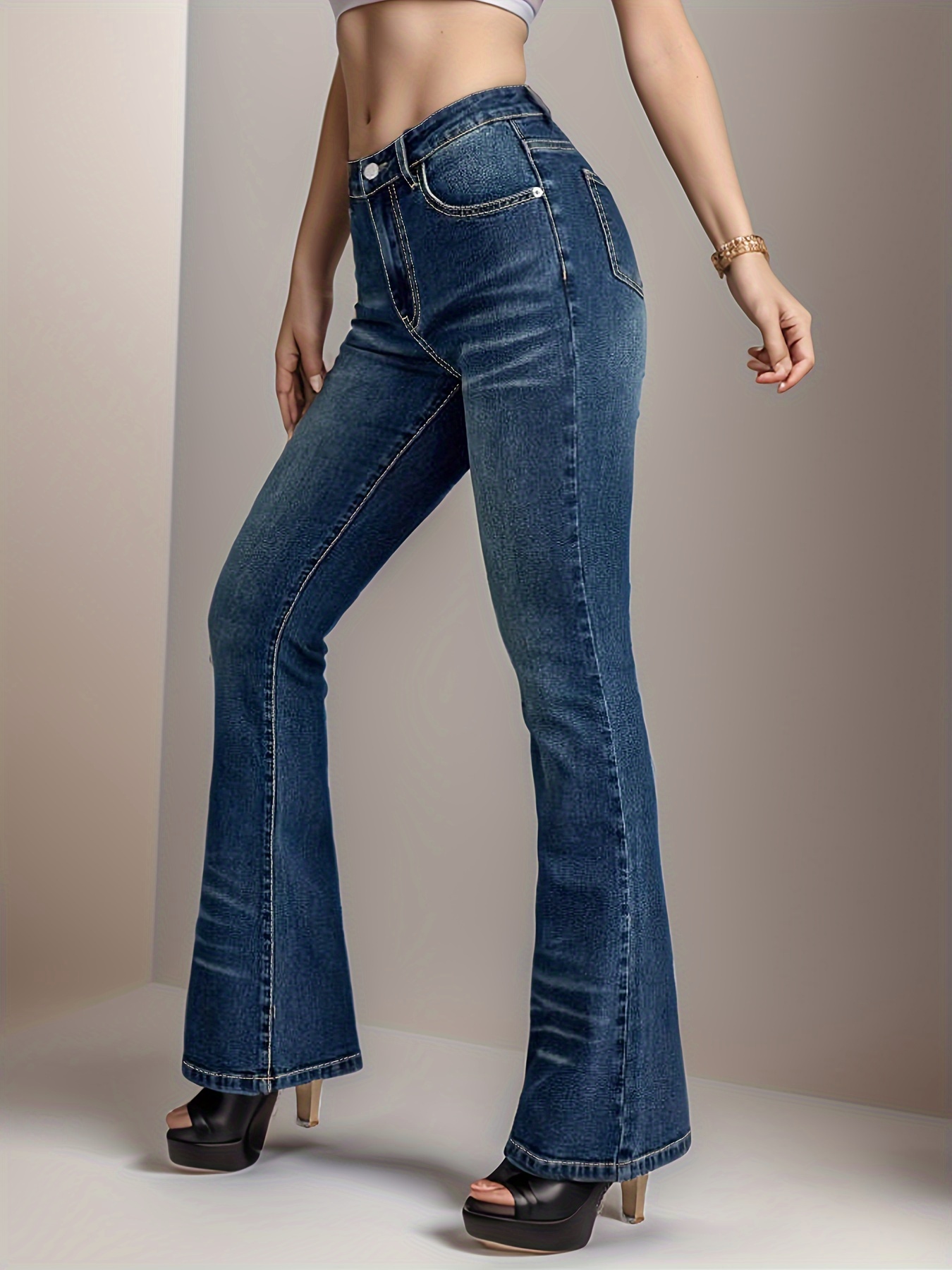 Whiskering High Strech Flare Leg Jeans Slash Pocket Vintage - Temu Canada