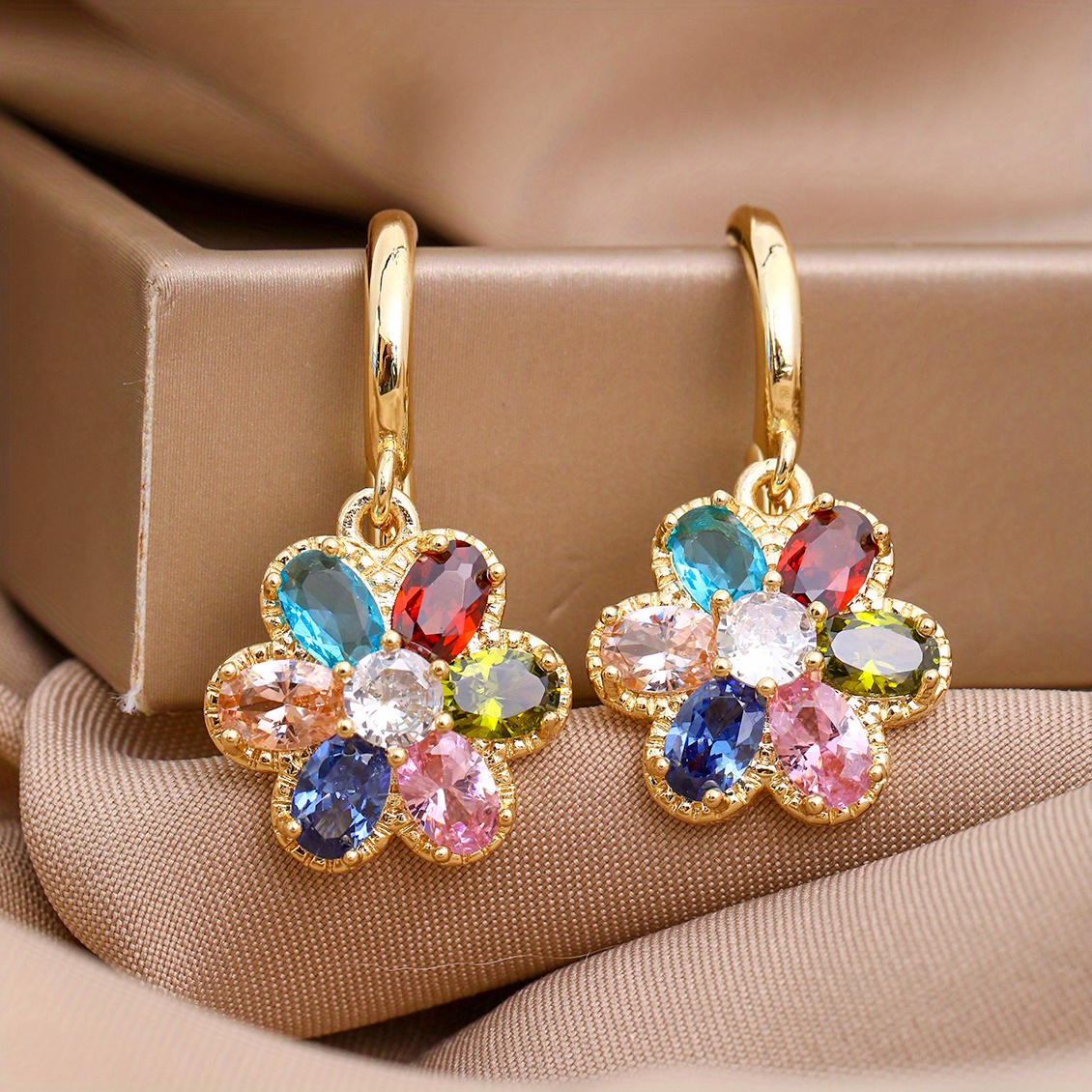 

2pcs/pair Trendy Shiny Cubic Zirconia Decor Colorful Flowers Earrings, Christmas Birthday Valentine's Day Gift