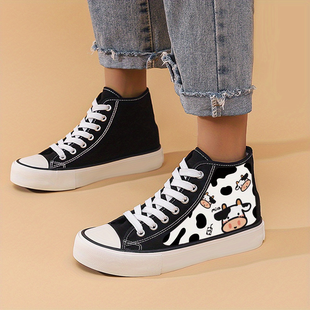 Cow Print Flat Heighten Chunky Canvas Sneakers, Wear Resistance Non Slip  High Top Classic Skate Shoes, Casual Versatile Lightweight Lace Up Outdoor  Wa