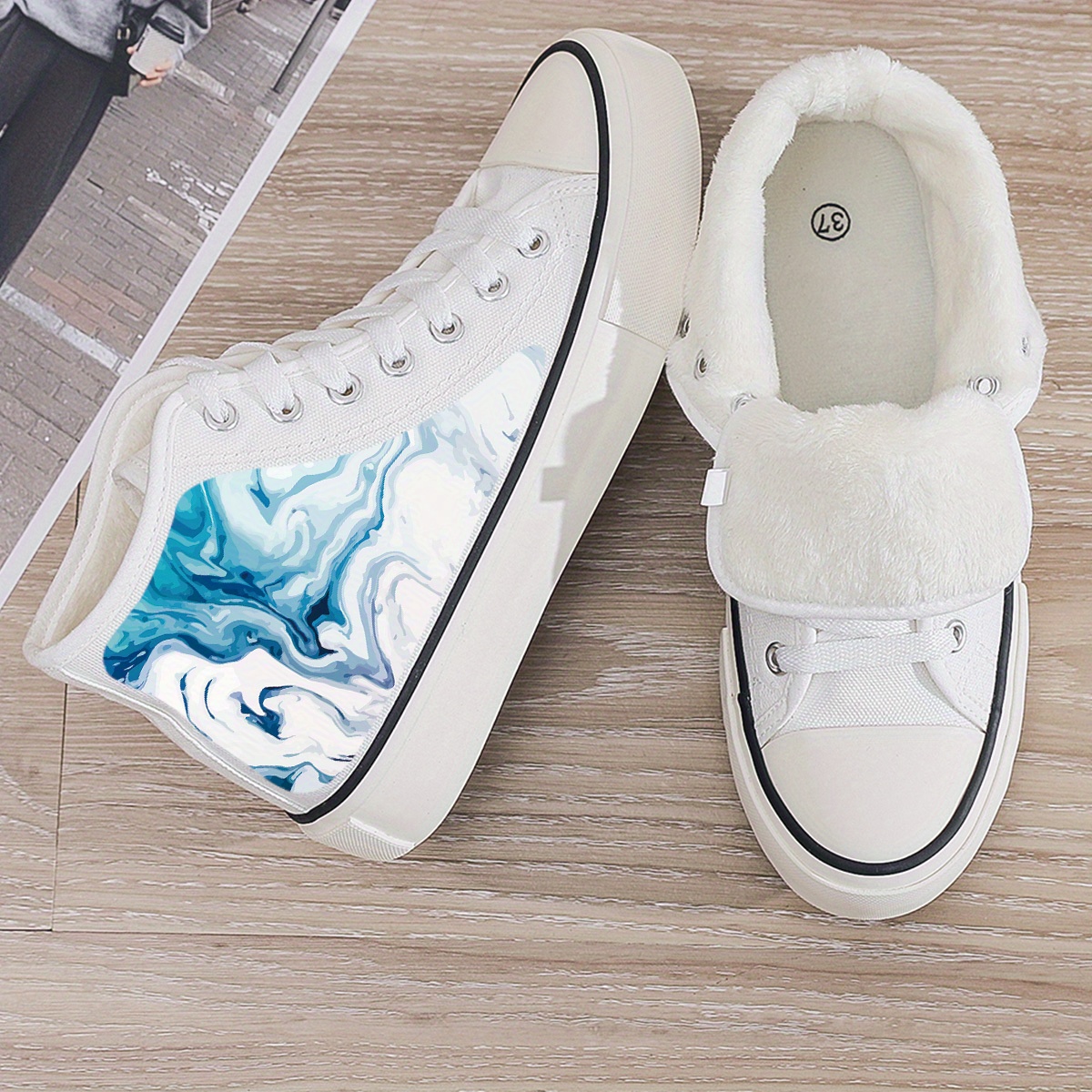 Plush Lined Chunky Canvas Sneakers Flat Fall Winter Warm Non Slip Shoes