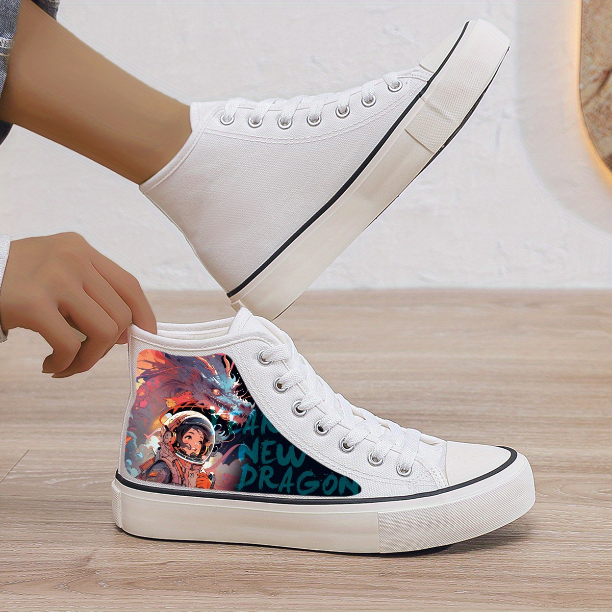 Dragon & Astronaut Print Plush Lined Thermal Chunky Canvas Sneakers