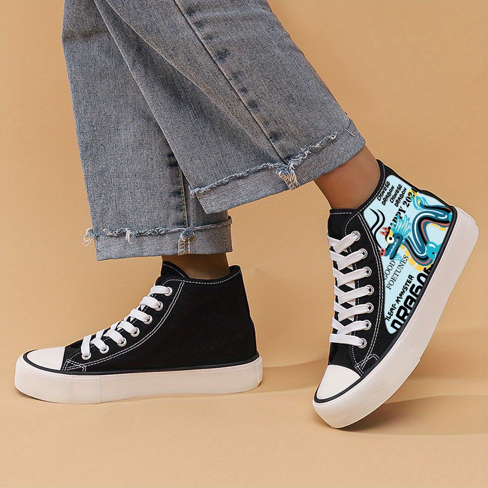 Dragon Print Chunky Canvas Sneakers High Top Skate Shoes