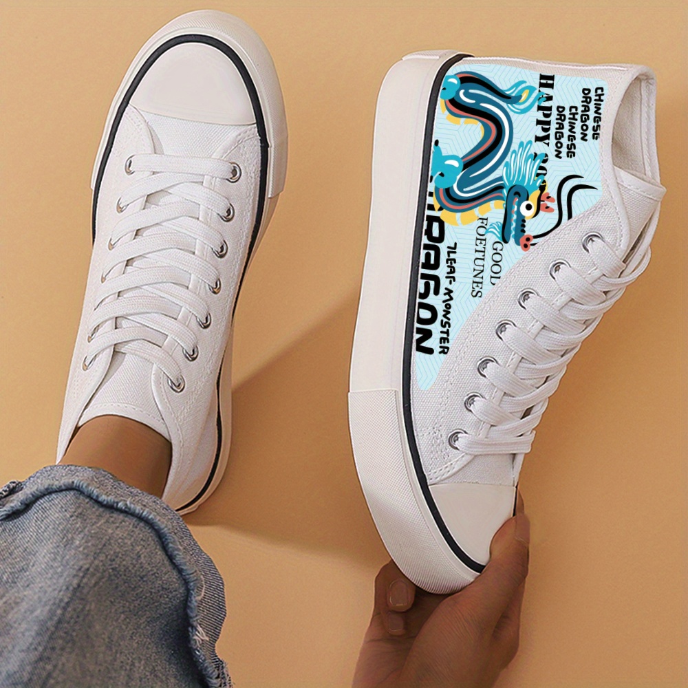 Dragon Print Chunky Canvas Sneakers High Top Skate Shoes