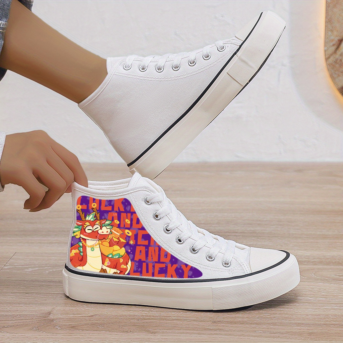 Dragon Print Plush Lined Thermal Chunky Canvas Sneakers Flat Heighten