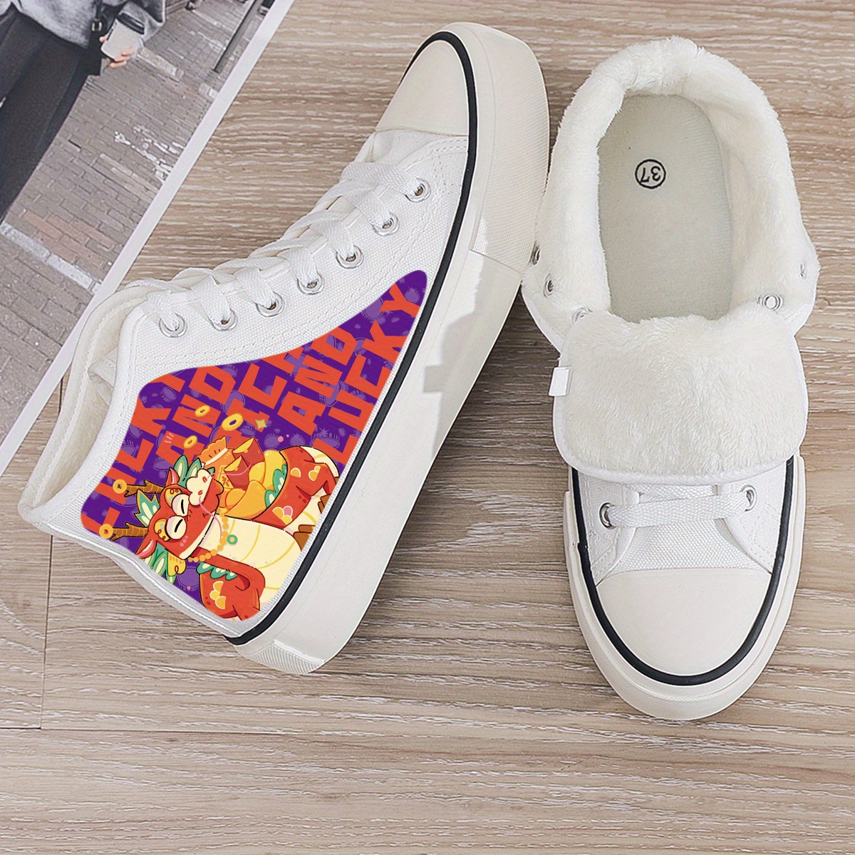 Dragon Print Plush Lined Thermal Chunky Canvas Sneakers Flat Heighten
