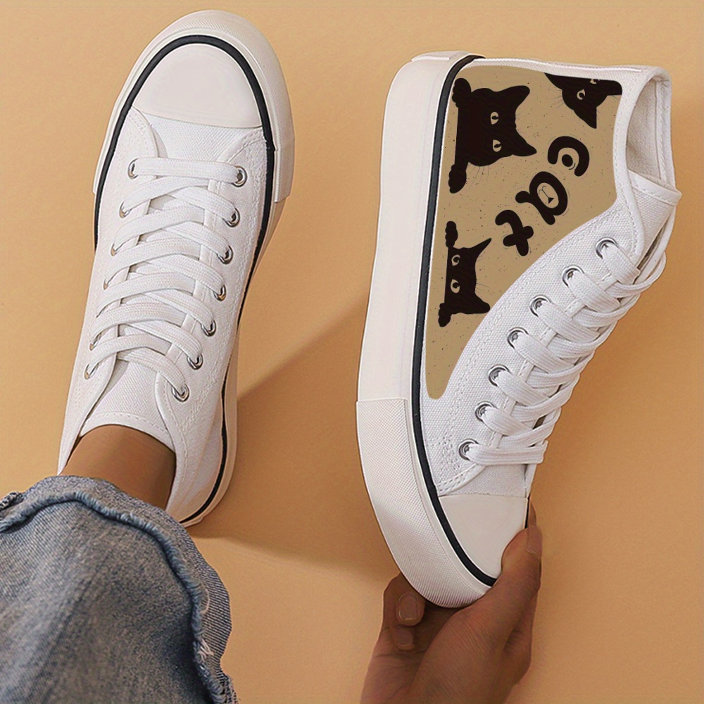 Cat Print Flat High Chunky Canvas Sneakers Non Slip High Top Skate Shoes