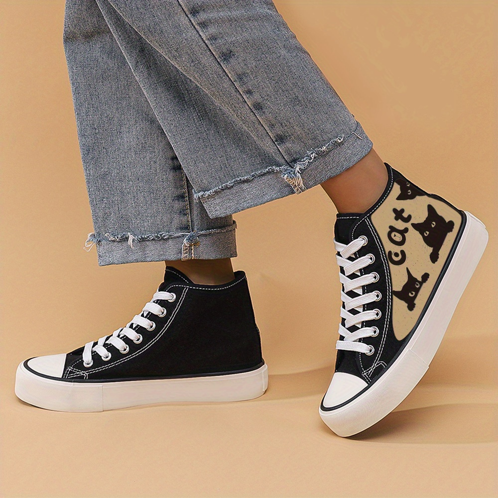 Cat Print Flat High Chunky Canvas Sneakers Non Slip High Top Skate Shoes