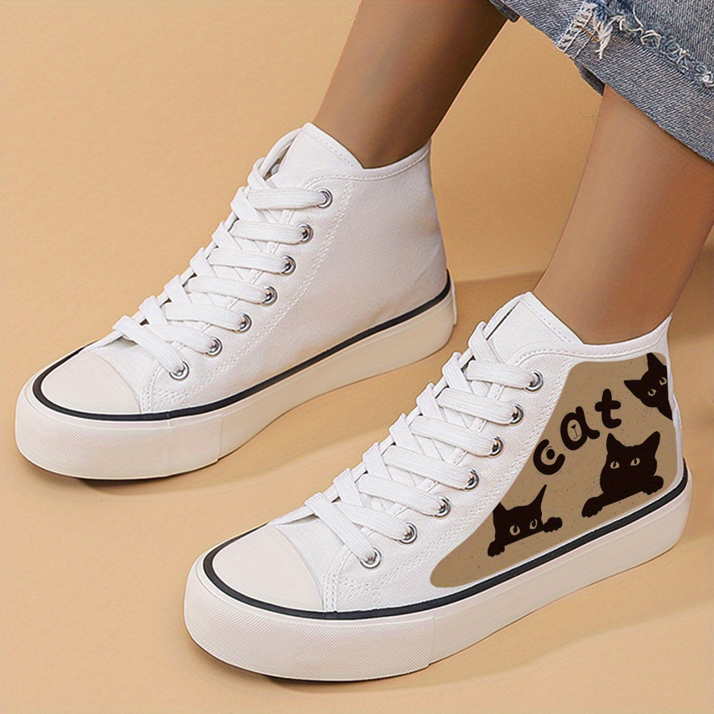 Cat Print Flat High Chunky Canvas Sneakers Non Slip High Top Skate Shoes