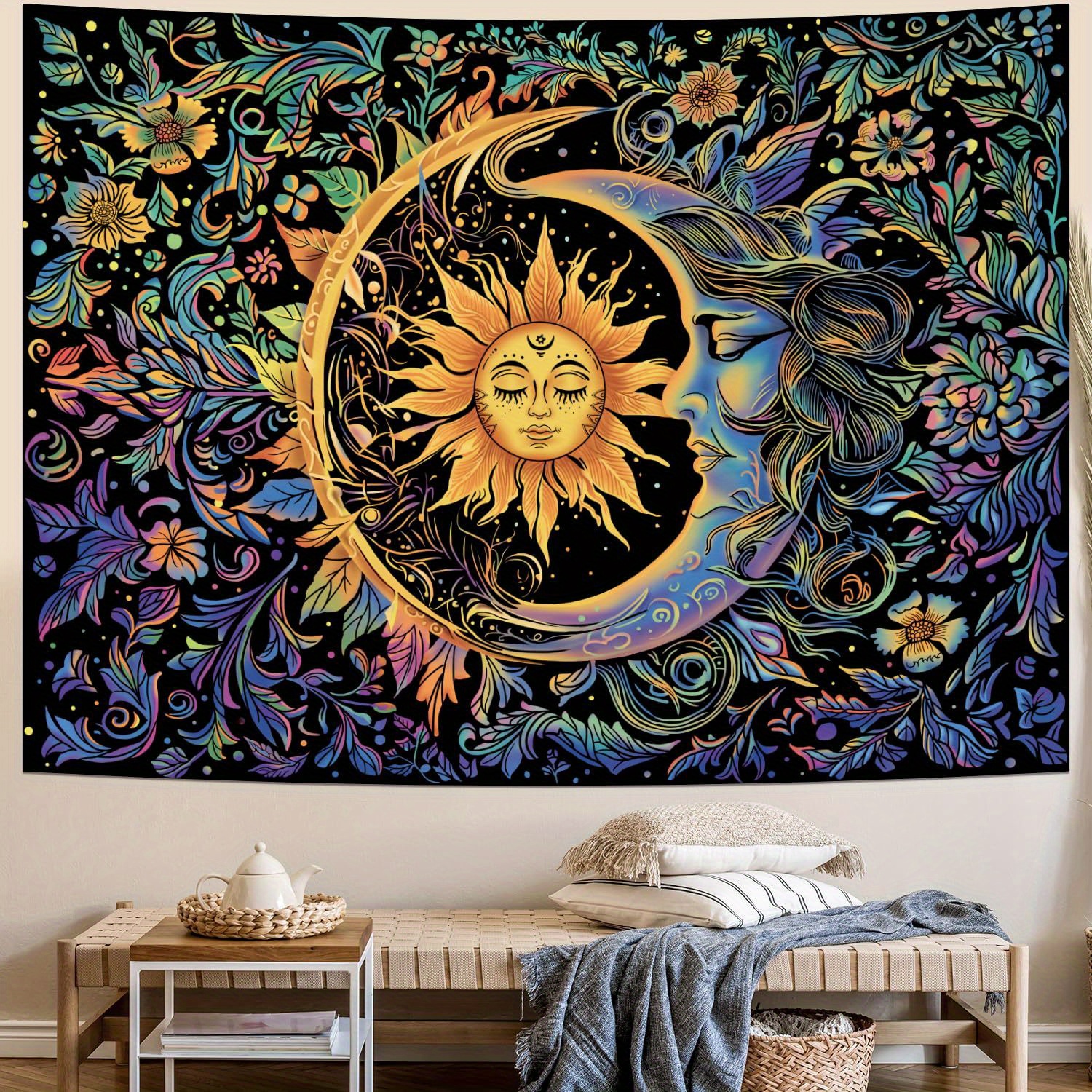 

1pc, Sun And Moon Tapestry Psychedelic Mystic Floral Tapestry Hippie Boho Flower Plants Wall Tapestry Vintage Aesthetic Tapestry Wall Hanging For Bedroom Dorm Wall Art Decor Gift