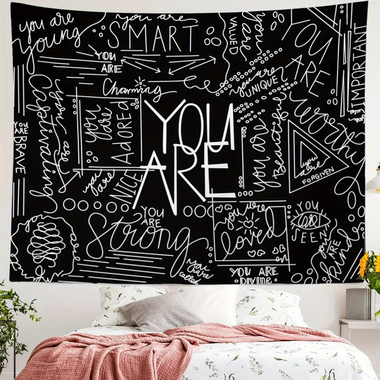 

1pc, Black Quote You Are Wall Tapestry, Inspirational Wall Art Positive Saying Wall Hanging White Tapestry For Teen Girl Home Bedroom Living Room Dorm Classroom Office Decor Wall Art Decor Gift
