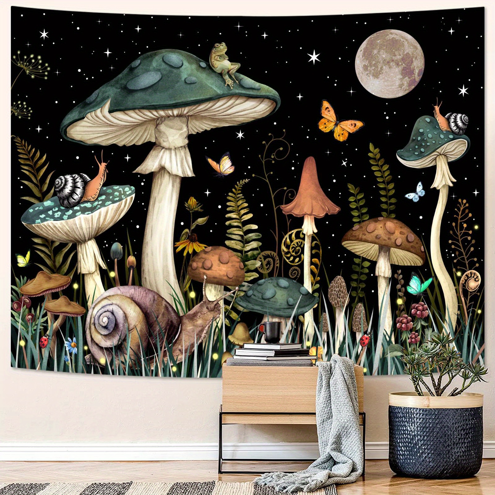 

1pc, Green Mushroom Tapestry Moon Star For Bedroom Aesthetic Starry Night Plant Tapastrys Wall Hanging Butterfly Snail Frog Wall Tapestry For Living Room Dorm Wall Art Gift